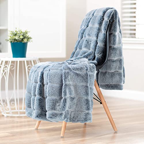 Chanasya Luxurious Soft Faux Frost Tip Fur and Velvety Mink Throw Blanket - Cozy Blanket for Sofa Chair Couch Bed and Living Room - Reversible Silky Royal Luxurious Blanket (50x65 Inches) Dark Blue