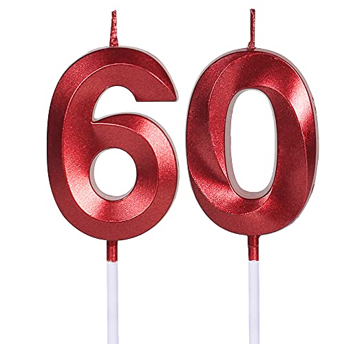 Red 60th Birthday Candles for Cakes, Number 60 6 Glitter Candle Cake Topper for Party Anniversary Wedding Celebration Decoration