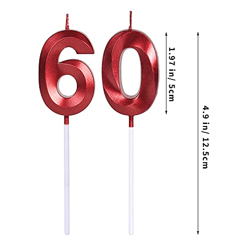 Red 60th Birthday Candles for Cakes, Number 60 6 Glitter Candle Cake Topper for Party Anniversary Wedding Celebration Decoration