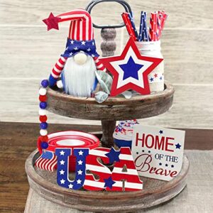 4th of july decorations – tiered tray decor – 3 patriotic wooden signs – gnomes plush and bead garland – farmhouse rustic decor items for home table memorial day independence labor red white blue