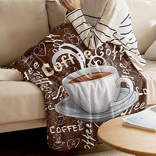 Retro Rural Coffee Cup Theme Throw Blanket Flannel Microfiber Blanket, Vintage Shabby Coffee Brown Fleece Blankets - 40 x 60 in, Soft Warm Cozy Lightweight Throw Blanket for Couch Sofa Bed