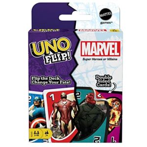 mattel games uno flip marvel card game with 112 cards, gift for kid, family & adult game night for players 7 years & older