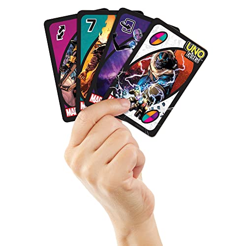 Mattel Games UNO FLIP Marvel Card Game with 112 Cards, Gift for Kid, Family & Adult Game Night for Players 7 Years & Older