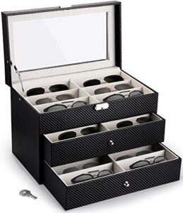 nicunom 18 slots sunglasses organizer collector eyeglasses sunglass glasses storage box eyeglasses eyewear display case with drawer, lockable, black