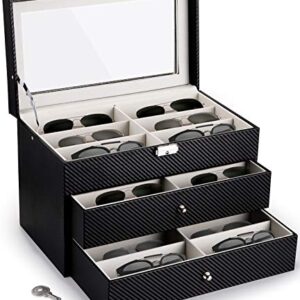 Nicunom 18 Slots Sunglasses Organizer Collector Eyeglasses Sunglass Glasses Storage Box Eyeglasses Eyewear Display Case with Drawer, Lockable, Black