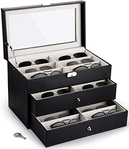 Nicunom 18 Slots Sunglasses Organizer Collector Eyeglasses Sunglass Glasses Storage Box Eyeglasses Eyewear Display Case with Drawer, Lockable, Black