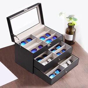 Nicunom 18 Slots Sunglasses Organizer Collector Eyeglasses Sunglass Glasses Storage Box Eyeglasses Eyewear Display Case with Drawer, Lockable, Black