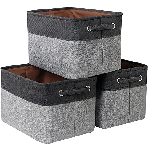 MAQIAO 3 Pack Collapsible Storage Bin Foldable Canvas Fabric Storage Basket Cube Box, Sturdy Organizer with Handles for Home, Office, Nursery, Closet Shelves (Black and Grey)