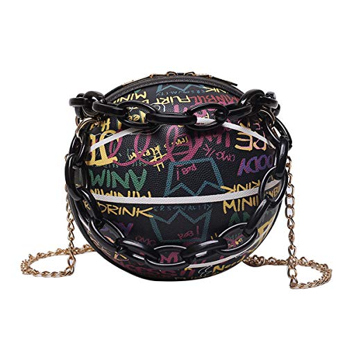 Women's Graffiti Letter Basketball Shaped Purse Girls Mini Round Handbag Fashion Cute Handle Bag Shoulder Cross Body PU Leather Messenger Bags Removable Shoulder Strap (Black)