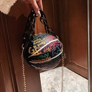 Women's Graffiti Letter Basketball Shaped Purse Girls Mini Round Handbag Fashion Cute Handle Bag Shoulder Cross Body PU Leather Messenger Bags Removable Shoulder Strap (Black)