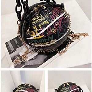 Women's Graffiti Letter Basketball Shaped Purse Girls Mini Round Handbag Fashion Cute Handle Bag Shoulder Cross Body PU Leather Messenger Bags Removable Shoulder Strap (Black)