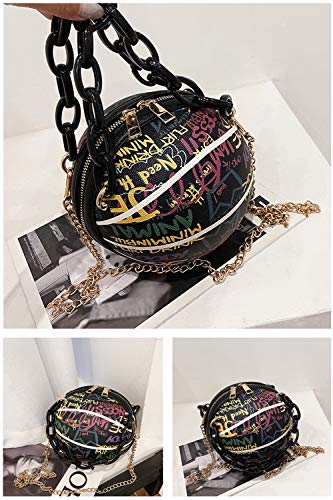 Women's Graffiti Letter Basketball Shaped Purse Girls Mini Round Handbag Fashion Cute Handle Bag Shoulder Cross Body PU Leather Messenger Bags Removable Shoulder Strap (Black)