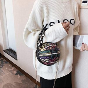 Women's Graffiti Letter Basketball Shaped Purse Girls Mini Round Handbag Fashion Cute Handle Bag Shoulder Cross Body PU Leather Messenger Bags Removable Shoulder Strap (Black)