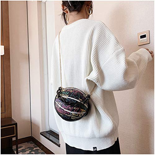 Women's Graffiti Letter Basketball Shaped Purse Girls Mini Round Handbag Fashion Cute Handle Bag Shoulder Cross Body PU Leather Messenger Bags Removable Shoulder Strap (Black)