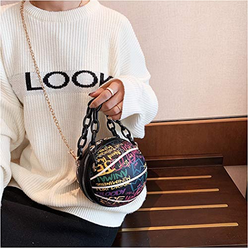 Women's Graffiti Letter Basketball Shaped Purse Girls Mini Round Handbag Fashion Cute Handle Bag Shoulder Cross Body PU Leather Messenger Bags Removable Shoulder Strap (Black)