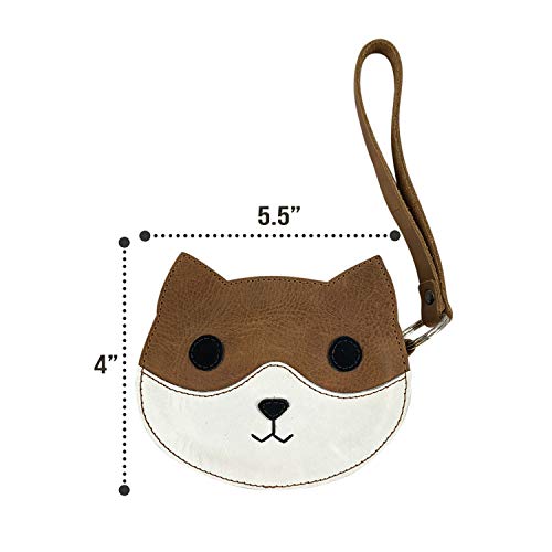 Hide & Drink, Small Cat Face Clutch Handmade from Full Grain Leather - Minimalist Purse to Carry Money, Change, Cards - Mini Pouch with Zipper - Single Malt Mahogany