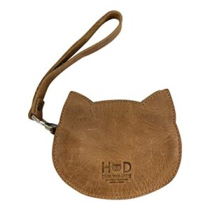 Hide & Drink, Small Cat Face Clutch Handmade from Full Grain Leather - Minimalist Purse to Carry Money, Change, Cards - Mini Pouch with Zipper - Single Malt Mahogany