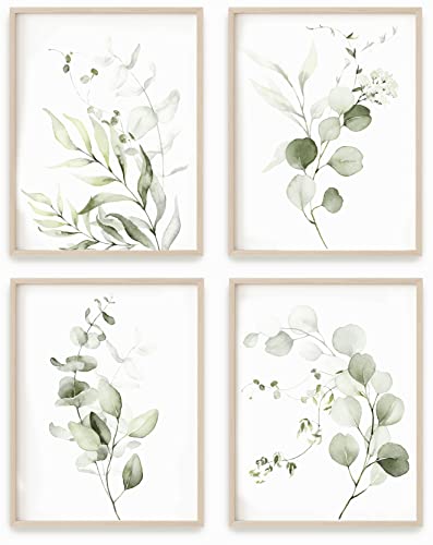 Vivegate Light Botanical Plant Wall Art Prints - Set of 4 Plant Wall Decor Prints Floral Kitchen Flower Leaves Wall Art Boho Leaf Eucalyptus (Medium - 8"X10", Light Green)