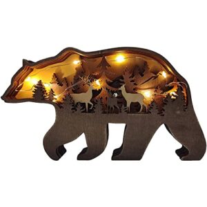 linwnil forest animal wooden home wall sculptures ornament,multi-layer 3d wood carving art shelf table wood crafts home furnishing (bear)