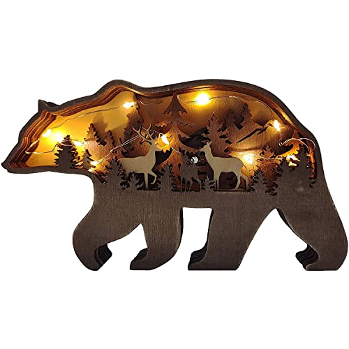 Linwnil Forest Animal Wooden Home Wall Sculptures Ornament,Multi-Layer 3D Wood Carving Art Shelf Table Wood Crafts Home Furnishing (Bear)