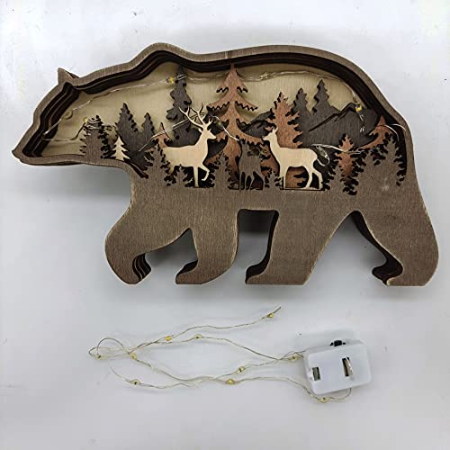 Linwnil Forest Animal Wooden Home Wall Sculptures Ornament,Multi-Layer 3D Wood Carving Art Shelf Table Wood Crafts Home Furnishing (Bear)