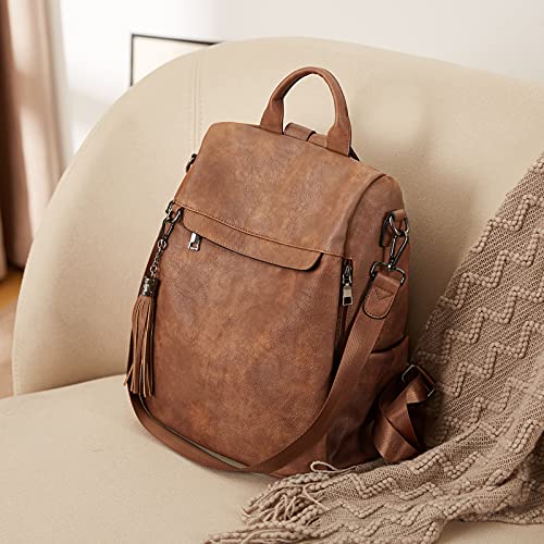 BROMEN Backpack Purse for Women Leather Anti-theft Travel Backpack Fashion Shoulder Bag Retro Brown