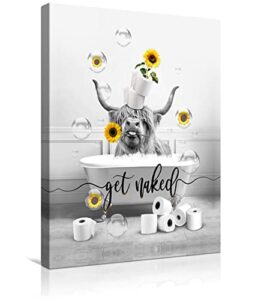 wallohere bathroom canvas wall art black and white artwork farm highland cow in bathtub with sunflower picture print modern giclee decor for decoration ready to hang 12×16 inch, 12 x 16 in