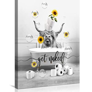 WALLOHERE Bathroom Canvas Wall Art Black And White Artwork Farm Highland Cow In Bathtub With Sunflower Picture Print Modern Giclee Decor For Decoration Ready To Hang 12x16 Inch, 12 x 16 in