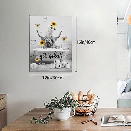 WALLOHERE Bathroom Canvas Wall Art Black And White Artwork Farm Highland Cow In Bathtub With Sunflower Picture Print Modern Giclee Decor For Decoration Ready To Hang 12x16 Inch, 12 x 16 in