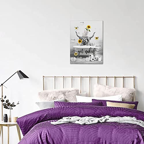 WALLOHERE Bathroom Canvas Wall Art Black And White Artwork Farm Highland Cow In Bathtub With Sunflower Picture Print Modern Giclee Decor For Decoration Ready To Hang 12x16 Inch, 12 x 16 in