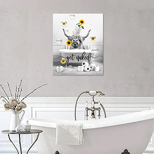 WALLOHERE Bathroom Canvas Wall Art Black And White Artwork Farm Highland Cow In Bathtub With Sunflower Picture Print Modern Giclee Decor For Decoration Ready To Hang 12x16 Inch, 12 x 16 in