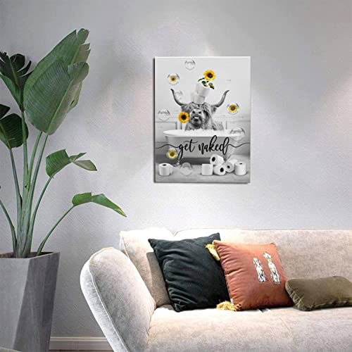 WALLOHERE Bathroom Canvas Wall Art Black And White Artwork Farm Highland Cow In Bathtub With Sunflower Picture Print Modern Giclee Decor For Decoration Ready To Hang 12x16 Inch, 12 x 16 in