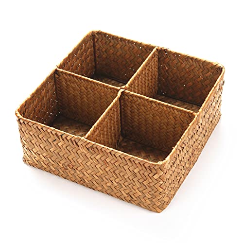 Woven Seagrass Storage Basket with 4 Divided Sections, Wicker Basket Bin Box Organizer for Countertops/Closet/Shelf/Dresser