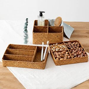 Woven Seagrass Storage Basket with 4 Divided Sections, Wicker Basket Bin Box Organizer for Countertops/Closet/Shelf/Dresser