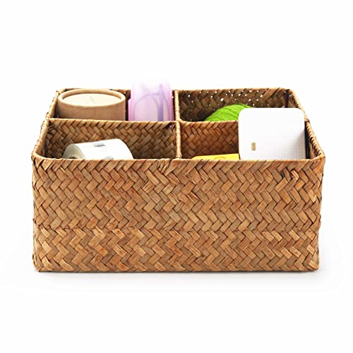 Woven Seagrass Storage Basket with 4 Divided Sections, Wicker Basket Bin Box Organizer for Countertops/Closet/Shelf/Dresser