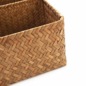 Woven Seagrass Storage Basket with 4 Divided Sections, Wicker Basket Bin Box Organizer for Countertops/Closet/Shelf/Dresser