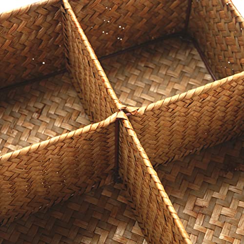 Woven Seagrass Storage Basket with 4 Divided Sections, Wicker Basket Bin Box Organizer for Countertops/Closet/Shelf/Dresser