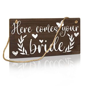 putuo decor wedding sign, rustic wall art decorations for anniversaries, ceremony and reception, 10×5 inches wall hanging plaque – here comes your bride