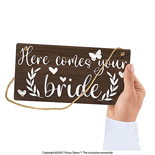 Putuo Decor Wedding Sign, Rustic Wall Art Decorations for Anniversaries, Ceremony and Reception, 10x5 Inches Wall Hanging Plaque - Here Comes Your Bride