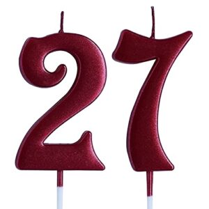 red 27th birthday candle, number 27 years old candles cake topper, woman or man party decorations, supplies