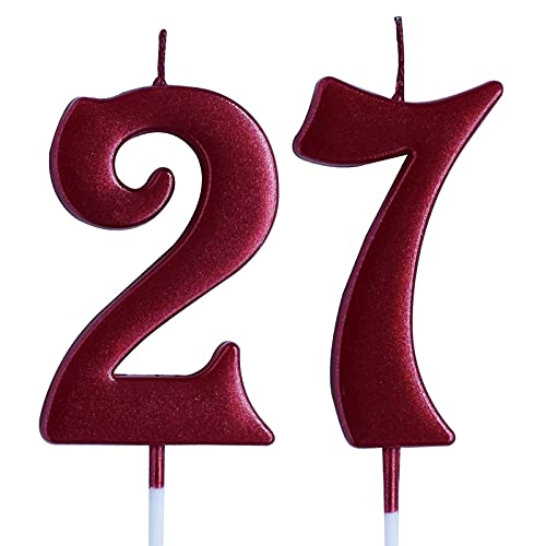 Red 27th Birthday Candle, Number 27 Years Old Candles Cake Topper, Woman Or Man Party Decorations, Supplies