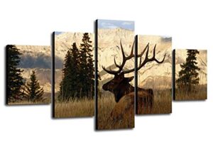 nature calligraphy animal scenery elk wall art deer canvas hunting wall decor deer decor for living room wall decor deer wall art deer pictures large 5 panel printed painting framed [60”w x 32”h]