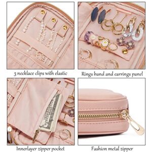 LACATTURA Travel Jewelry Organizer, Vegan Leather Jewelry Case for Necklaces, Rings, Earrings, Bracelet, Portable Jewelry Storage Bag for Women and Men, Pink