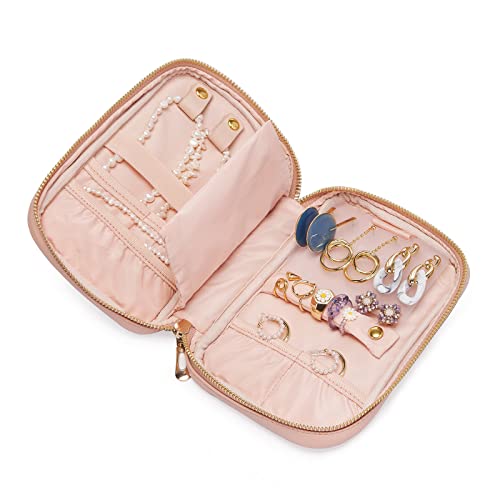 LACATTURA Travel Jewelry Organizer, Vegan Leather Jewelry Case for Necklaces, Rings, Earrings, Bracelet, Portable Jewelry Storage Bag for Women and Men, Pink