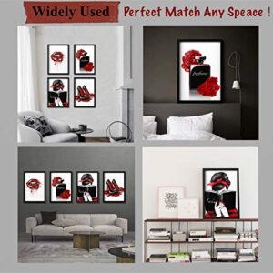 Facioro Fashion Woman Canvas Wall Art, Red Wall Decor for Bedroom Decor, Red and Black Art Posters, Red Lips Red Rose Perfume High Heels and A Fashion Women with Red Hair Ribbons Prints Wall Pictures, Girls Room Decor, Black and Red Fashion Poster