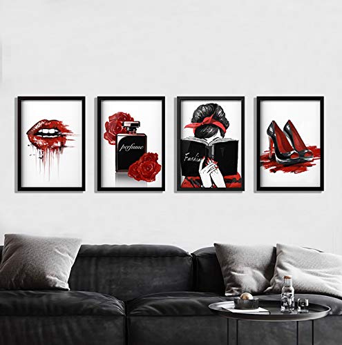 Facioro Fashion Woman Canvas Wall Art, Red Wall Decor for Bedroom Decor, Red and Black Art Posters, Red Lips Red Rose Perfume High Heels and A Fashion Women with Red Hair Ribbons Prints Wall Pictures, Girls Room Decor, Black and Red Fashion Poster