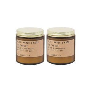 p.f. candle co. amber & moss classic mini scented soy wax travel candle (pack of 2) (3.5 oz) 20-25 hour burn time, cotton wick, amber glass jar