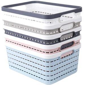 soujoy 5 pack classroom storage basket with handles, woven plastic organizing bin, 9.1″l x 6.8”w x 4.5h” office storage organizer bin for pantry, school, toy, beauty products