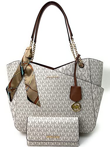 MICHAEL Michael Kors Jet Set Travel Large Chain Shoulder Tote bundled with Michael Kors Jet Set Travel Trifold Wallet (Signature MK Vanilla)