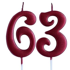 red 63rd birthday candle, number 63 years old candles cake topper, woman or man party decorations, supplies